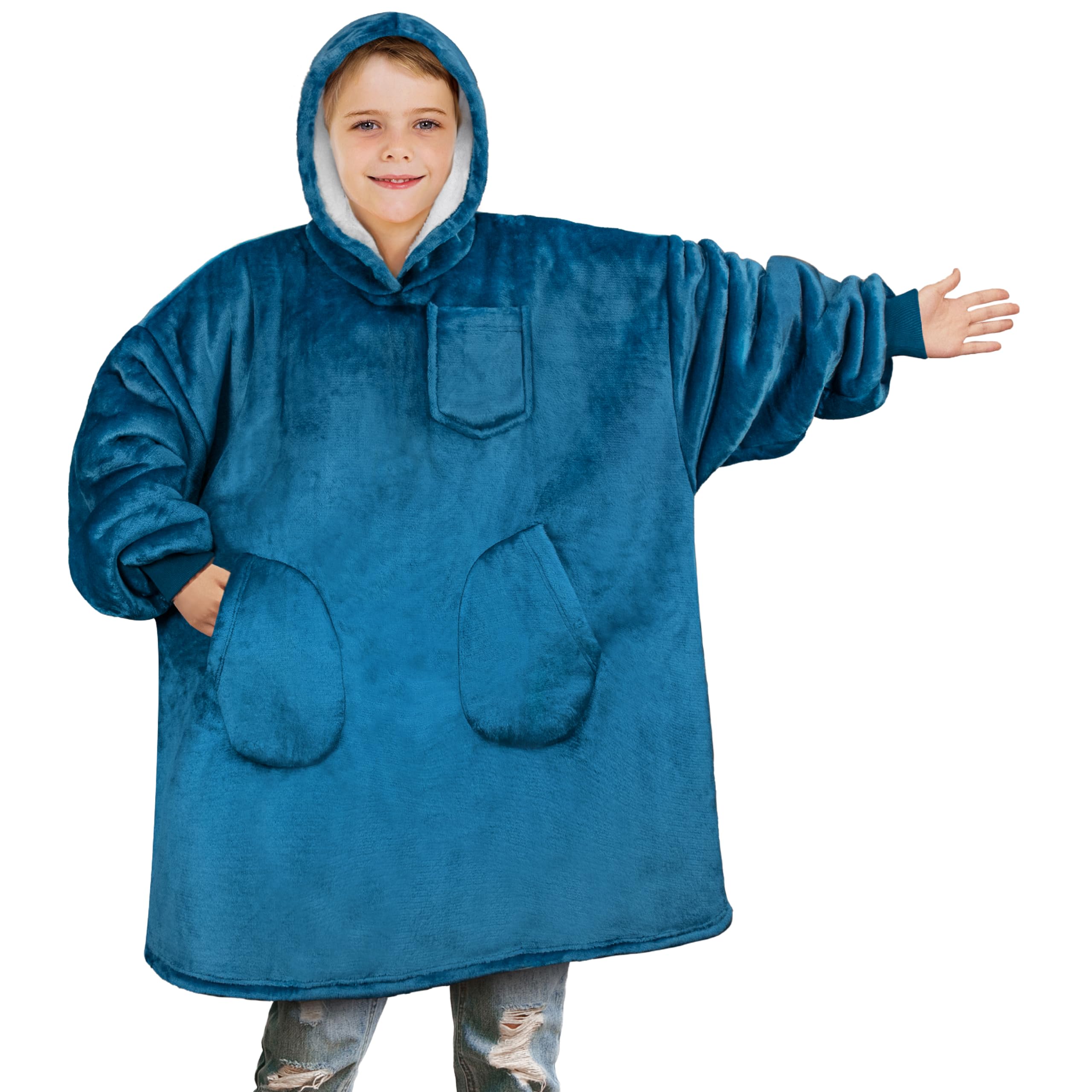 Pavilia Wearable Blanket Sweatshirt For Kids Boy Girl Sea Blue Turquoise, Warm Cozy Giant Blanket Hoodie, Fleece Sherpa Oversize